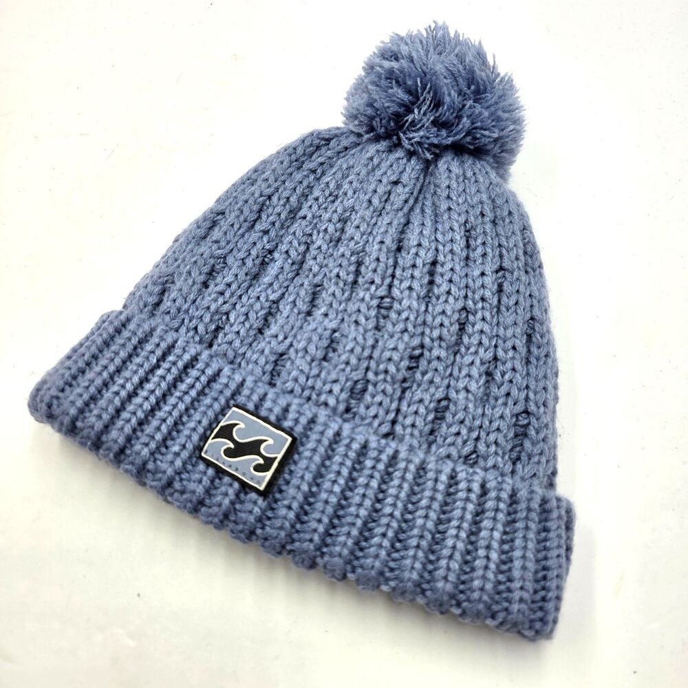 Billabong Knit Beanie Pom Pom Blue Cable Stitch Fleece Lined Folded Cuff Logo